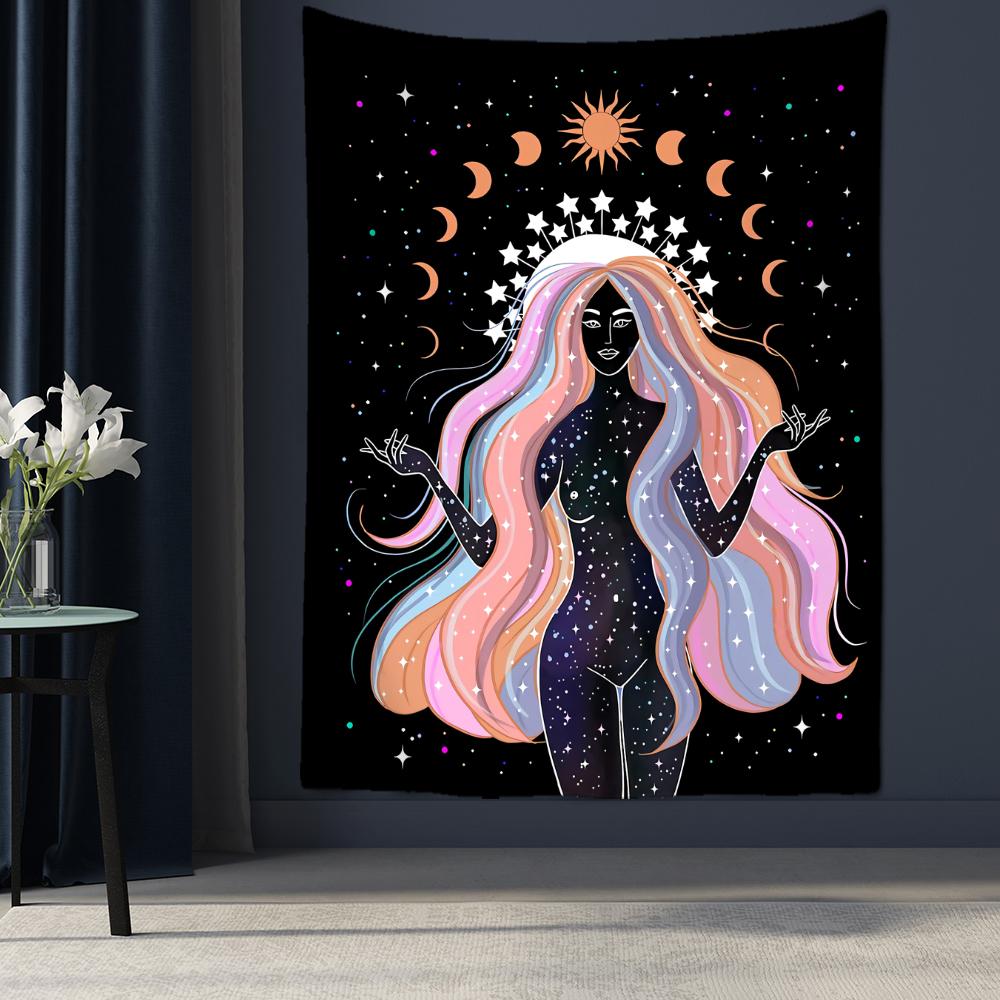 Arazzo da parete con ragazza indiana con fase lunare, stile bohémien, hippie, stregoneria, tarocchi, mandala, decorazione per la casa