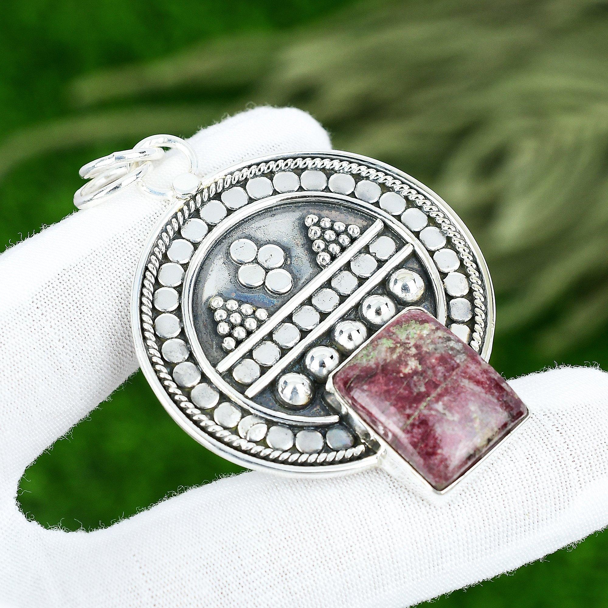 

Radiant Pink Thulite Stone 925 Silver Mother Bezel Anniversary Pendant Jewelry