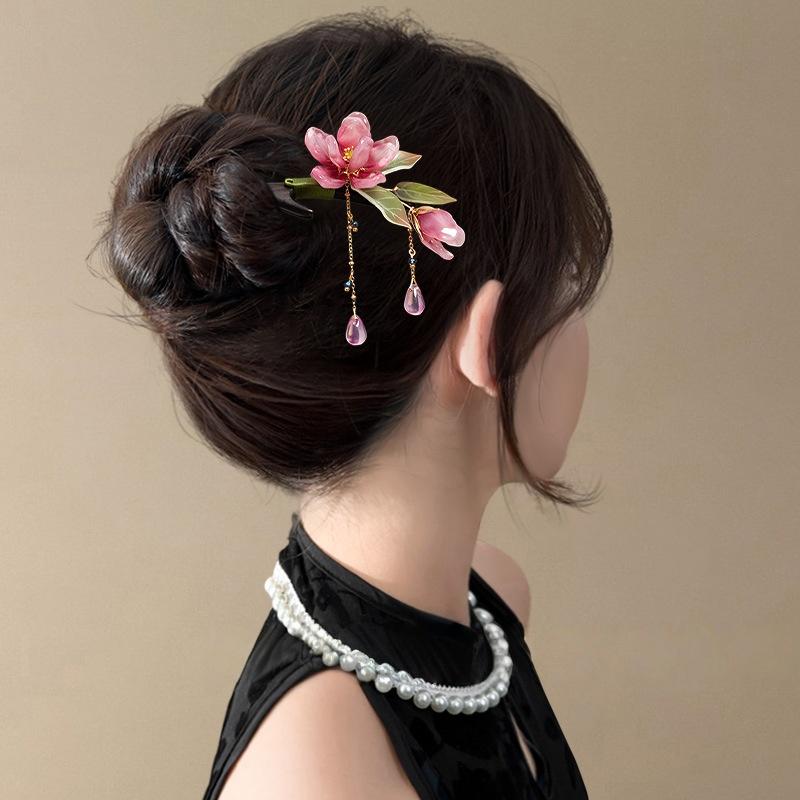 Floral Hair Stick Chinese Hairpin, Pink Flower Tassel Retro Traditional Hanfu Elegant Hair Accessory For Women Daily Party
