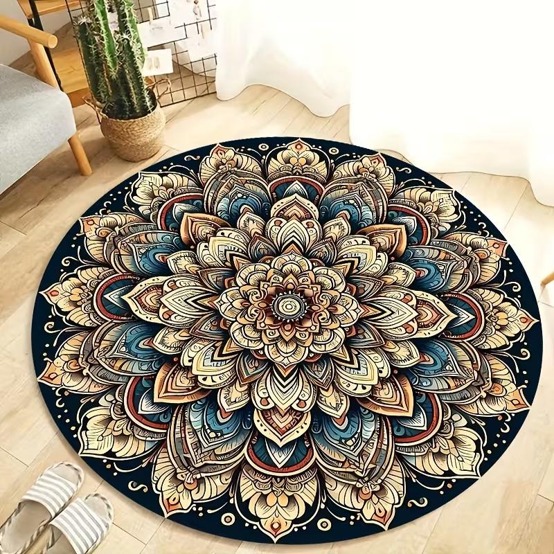 Luxury Boho Mandala Round Rug Visual Style Ethnic Lotus Print Soft Non Slip Circle Mat for Living Room Bedroom Yoga Decor
