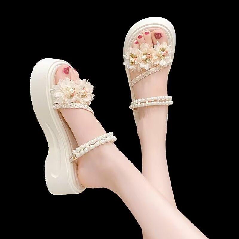 thick-soled two-wearing sandals women's new summer fashion flower with skirt fairy style pearl casual shoes