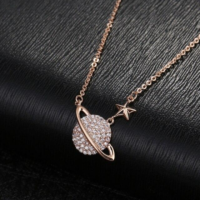 

Ожерелье с подвеской из стерлингового серебра 925 пробы с кристаллами планеты и звездами для женщин, колье-ошейники, свадебные украшения для вечеринок, Dz286 розового золота