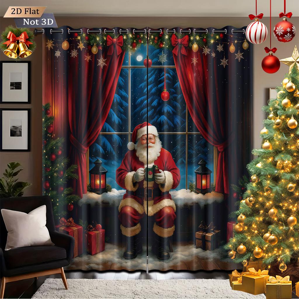2pcs Merry Christmas   Santa Claus print   perforated blackout curtains   multi size living room insulation   holiday decoration