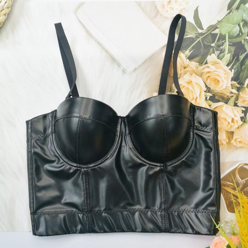 Womens PU Leather Corset Top Sleeveless Bustier Push Up Removable Straps Slim Fit Short Length Party Daily Wear