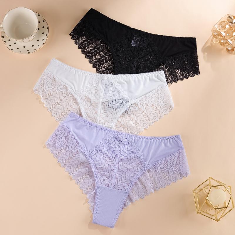 TERMEZY 2Pcs/Lot Sexy Mid Rise Patchwork Briefs Hollow-out Lace Pattern Panties Solid Color Breathable Skin-fit Briefs