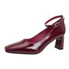Red One-word Buckle High Heels Thick Heel Sexy New Black Temperament Shoes Square Head High Heel Single Shoes