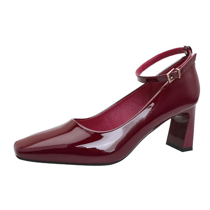Red One-word Buckle High Heels Thick Heel Sexy New Black Temperament Shoes Square Head High Heel Single Shoes