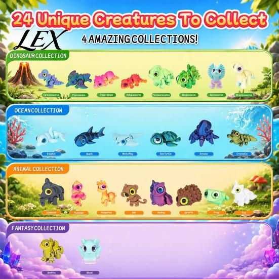 Winter Holiday Activities 3D Printed Animal Advent Calendar, 24-Day Dinosaur Ocean Land Fun Interactive Toys for Kids Figure Countdown Set, Christmas
