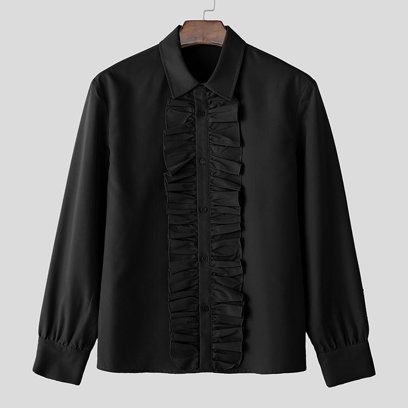 

INCERUN Oversized Men Lapel Neck Long Sleeve Ruffled Casual Elegant Shirts 3XL чёрный