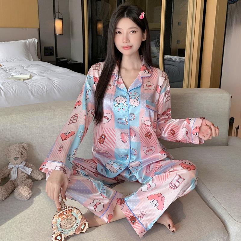 Ice Silk Pajamas Women'S Spring And Summer Thin Long-Sleeved Trousers Fashion Cool Cardigan Loungewear Suit Can Be Worn Outside