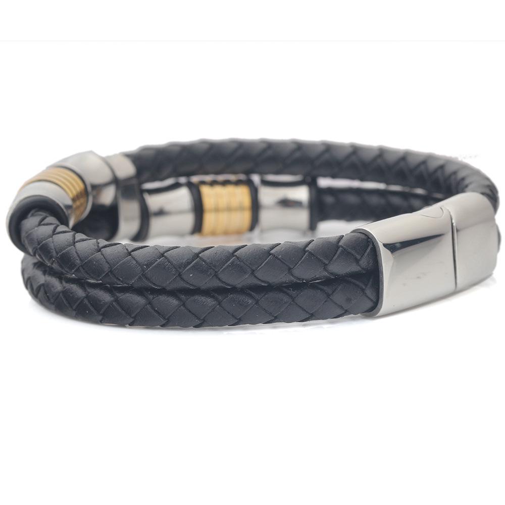 15mm European & American Double-Layer Woven Leather Bracelet with Gold-Inlaid Titanium Steel