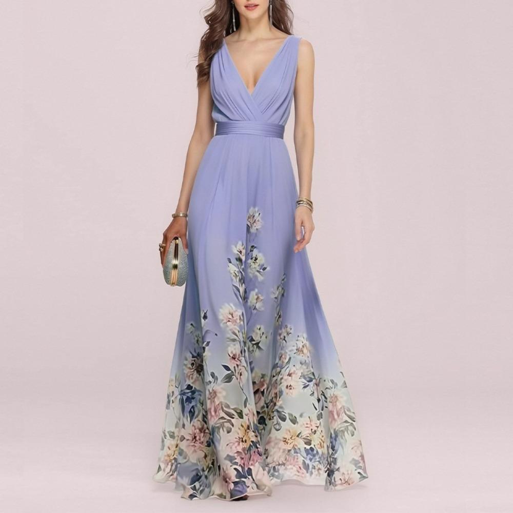 Women's V Neck Sleeveless Maxi Dress Slim High Waist Elegant Floral Print A-Line Dress Chiffon Formal Evening Gown