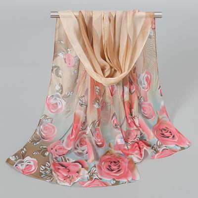 New Rose Printed Chiffon Silk Scarf Women Lightweight Shawl Summer Outdoor Sun Protection Long Muffler 150*50Cm