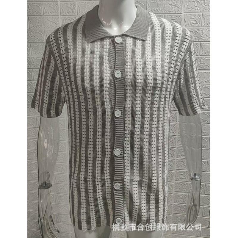 2026 Striped Color Block Knit Cardigan Short Sleeve Lapel Top Men Plus Size