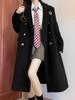 Academy-Style JK Uniform Double-Breasted Wool Coat - Black, Mid-Length, High-End Feel, Straight Shoulders, Autumn/Winter.