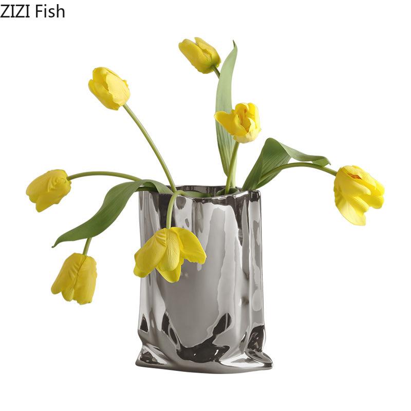 Silver Plated Ceramic Vase Desk Decoration Creative Pleated Vases Decorative Flowers Pots Flower Arrangement Modern Home Decor