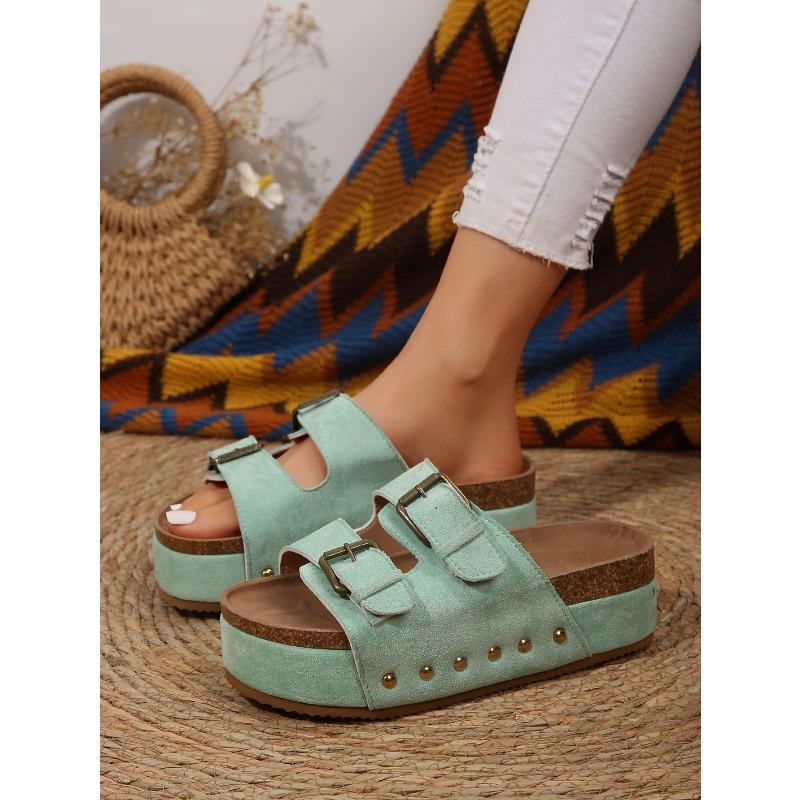 New Spring Summer Women's Plus Size Chunky Sole Birkenstock Style Rivet Metal Buckle Strap Beach Slide Sandals