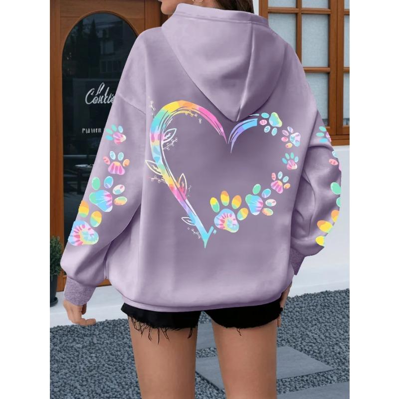 Heart Dog Paw Printed Hoodies Women Casual Fashion All Match Hoody Warm New Pullovers Trend Hooded Sweatshirts