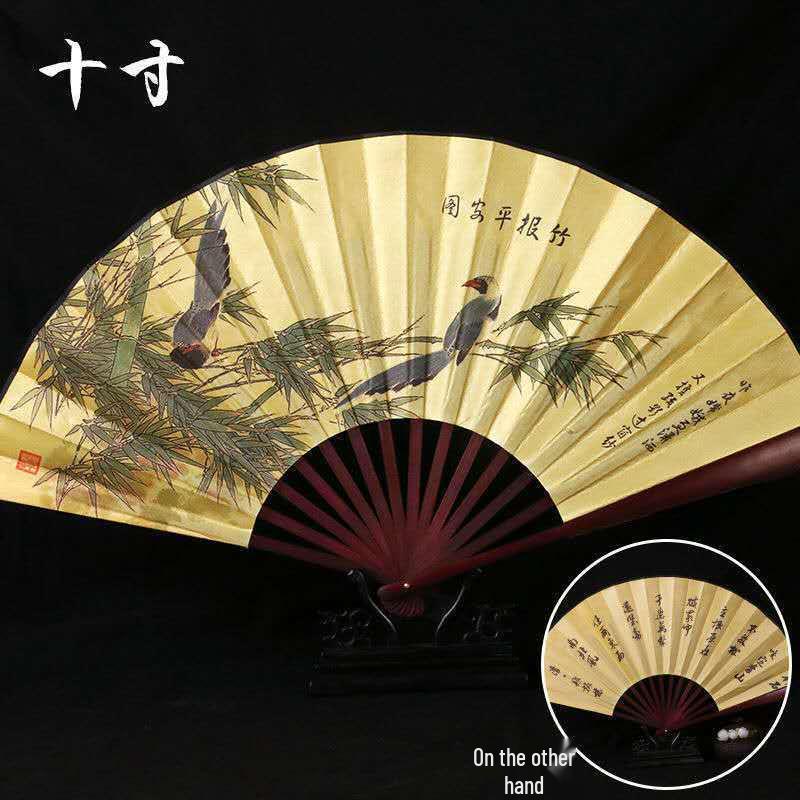 Traditional Chinese Silk Bamboo Folding Fan with Ink Landscape