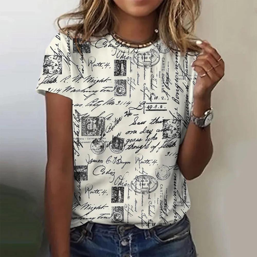 Summer retro letter 3D printed T-shirt women's short sleeved casual round neck T-shirt top Harajuku street T-shirt women's clothing