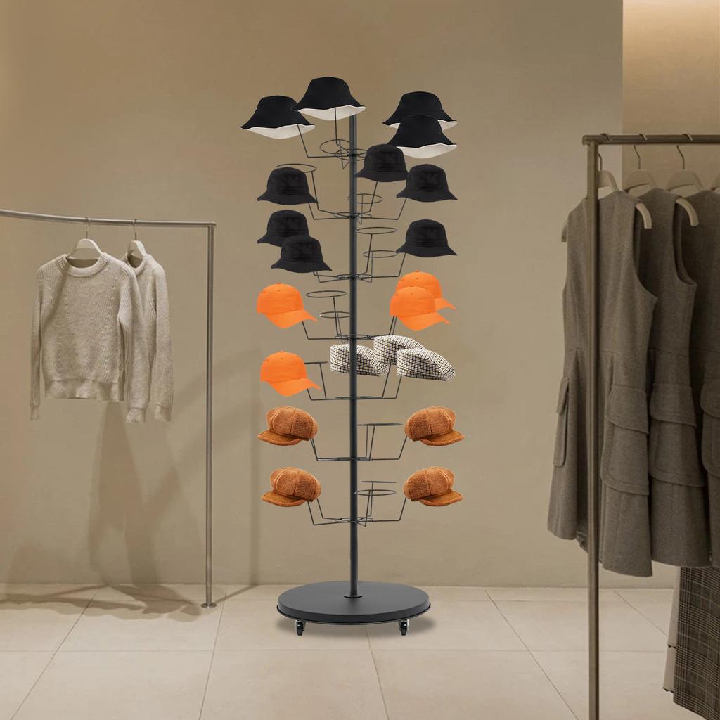 Freestanding Hat Rack, 7-Tier Floor Hat Display Stand Holds 35 Hats, Modern Home Black Steel Organizer W/ 4 Wheels (2 Lockable)