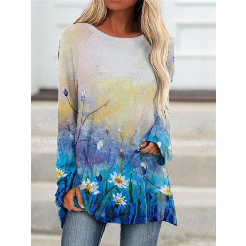 Women's printed long-sleeved T-shirt, suitable for spring, autumn and winter seasons. Fashionable and versatile, machine washable.