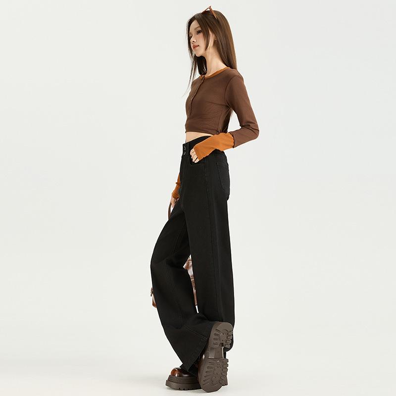 Autumn new elastic high-waisted double-buckle wide-leg floor-mopping pants loose meat-covering pendant jeans women