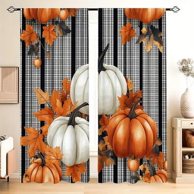 2Pcs- Farmhouse Autumn Pumpkin Pattern Printed Curtains, Window Decorations, Home Decorations, Room Decorations