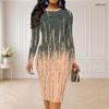 Women Plus Size Round Neck Long Sleeve Printed Bodycon Midi Dress