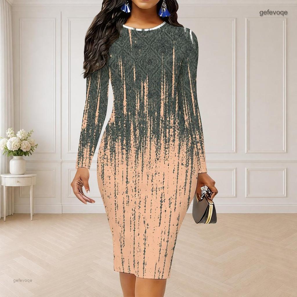 Women Plus Size Round Neck Long Sleeve Printed Bodycon Midi Dress