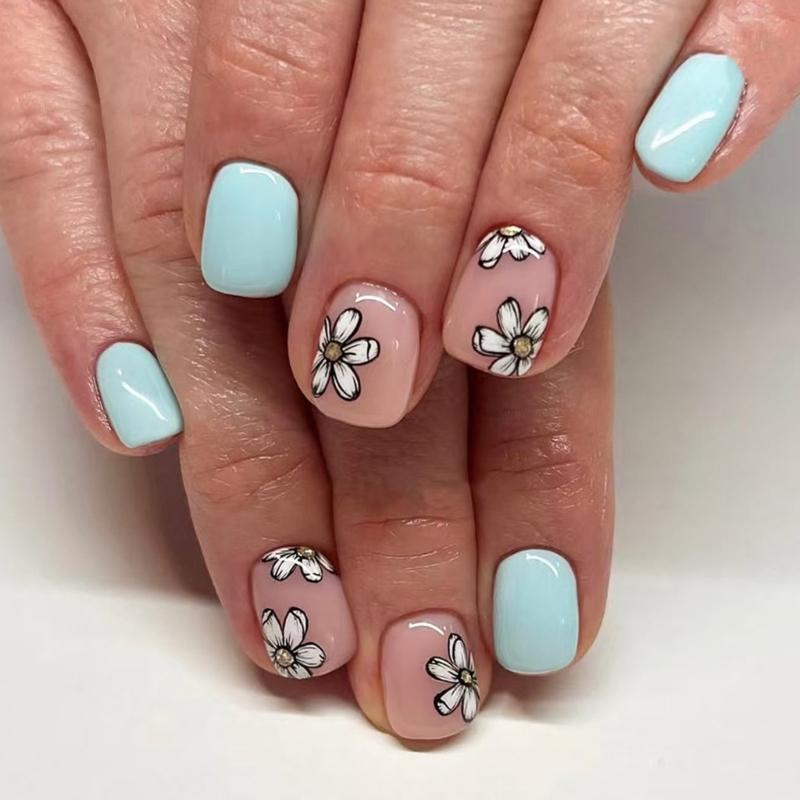 Square Press On Nail Flower Fake Nail Glues On Nail Artificial Acrylic Nail 12 Size 48pcs Stick On Nail for Women Girls