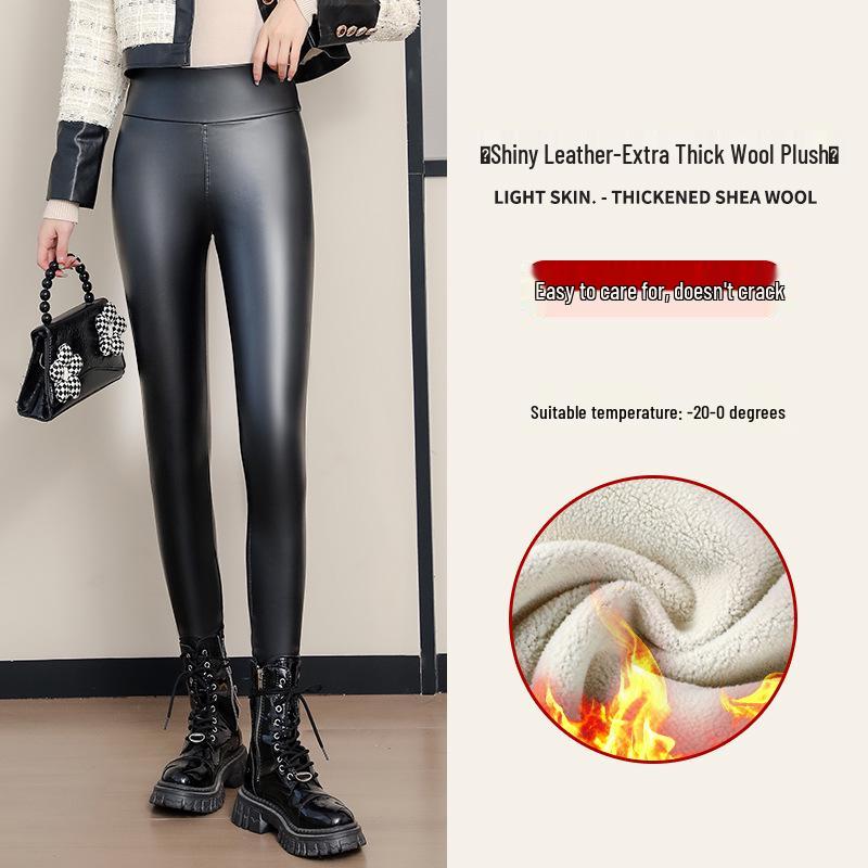Women's Winter PU Leather High-Waist Thick Velvet Leggings - Plus Size, Slimming, Warm