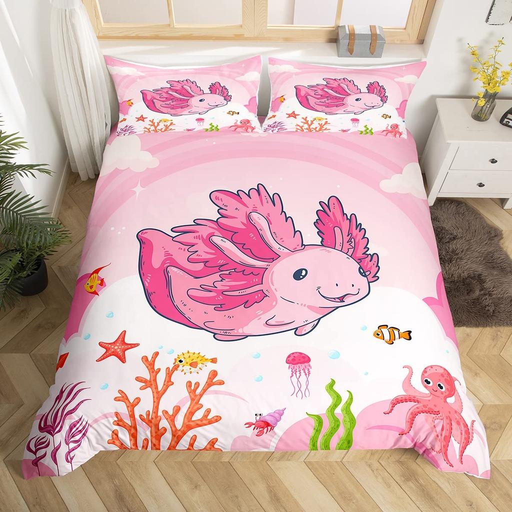 Cute Axolotl Duvet Cover Set Full Size Cartoon Salamander Bedding Set Kawaii Animals Comforter Cover Constellation Black Decor