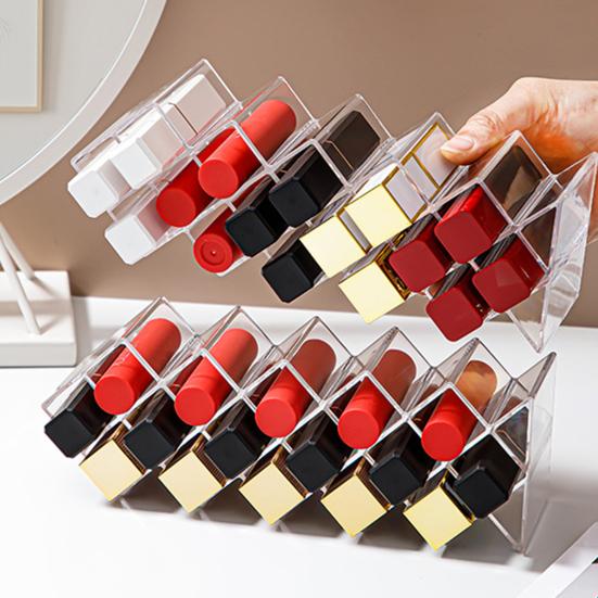 Organizador de Batom Empilhável com 16 ou 28 Compartimentos Suporte para Batom Torre de Acrílico Transparente Suporte para Armazenamento de Gloss para Bancada Cômoda