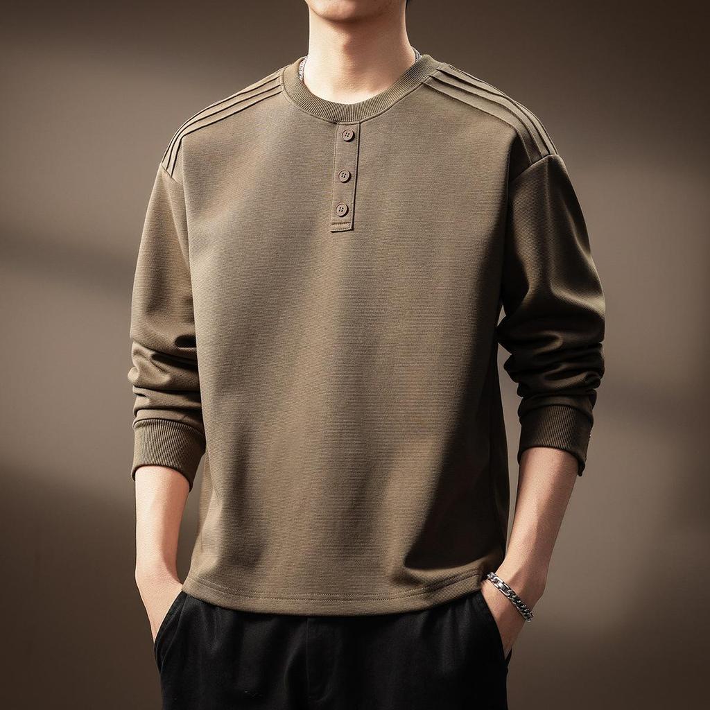 Luxury 300g Heavyweight Men's Henley Collar Pleated Hoodie - Autumn American Trend T-Shirt with Long Sleeves