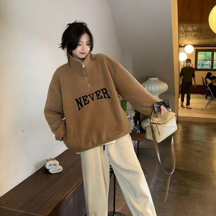 

Imitation lamb wool coat thickened winter semi-zipper new loose sweater top pullover women s trend S темно-коричневого