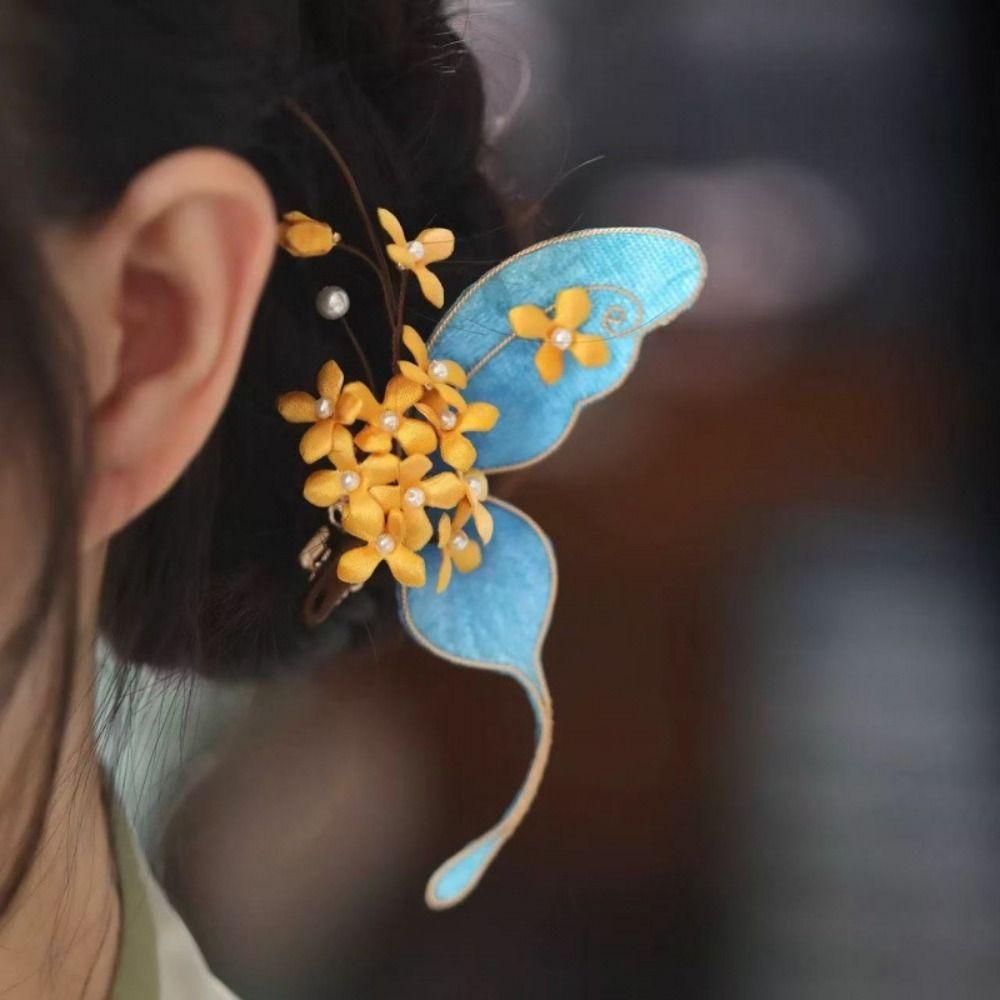 Beautiful Hanfu Butterfly Hair Fork Beads Exquisite Fairy Side Clips  Hairstyle Tools