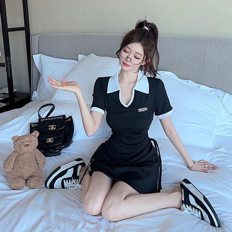 [Real Shot] French College Style Polo Collar Hip Dress Pleated Summer New Women's Clothing Versatile and Thin Short