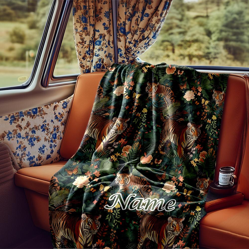 Tiger Jungle Floral Design Artwork Blanketcustomizable With Your Namecomfortable And Stylish Perfect For Travel Beds Chairs Offices Sofas