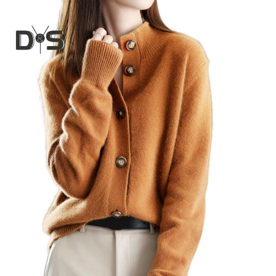 Damen Pullover Mantel Einreihig Stehkragen Lange Ärmel Strick Locker Reine Farbe Strickwaren Kurz Typ Strickjacke Jacke