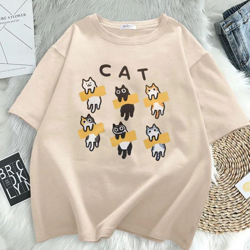 Summer Short Sleeved Tshirt New Korean Ins Retro Cartoon Cat Print Loose Pullover Top