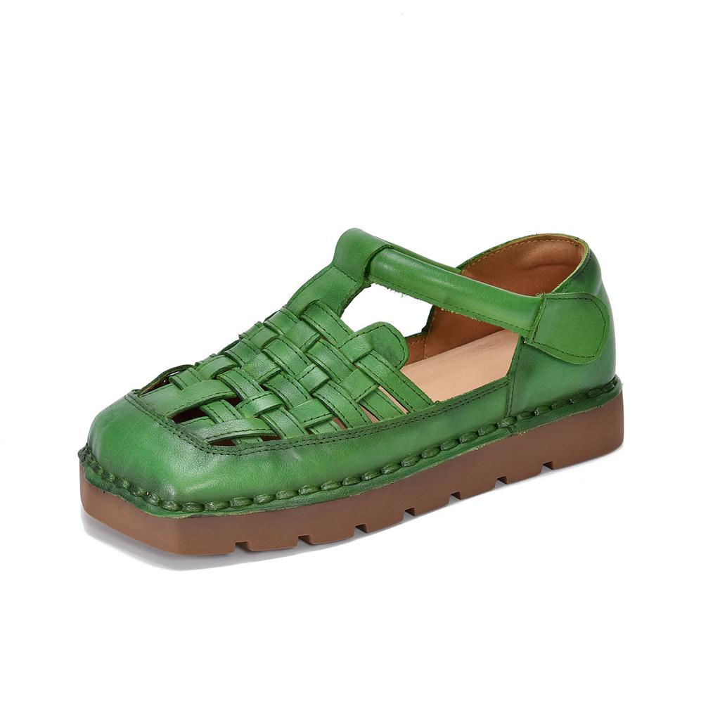 Johnature Genuine Leather Woven Breathable Flat Sandals Square Toe Soft Sole Versatile Women's Shoes