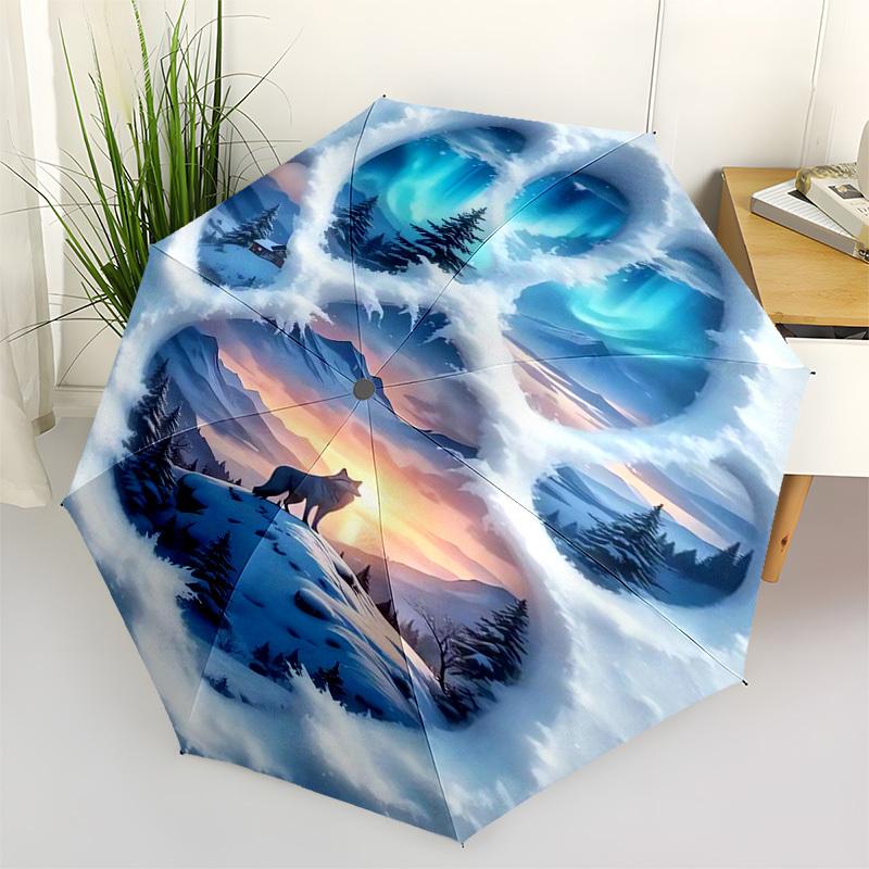 

Paw Print Winter Landscape Themed Automatic Opening and Closing Umbrella, Compact Travel Umbrella, Lightweight and Portable, Suitable for Be