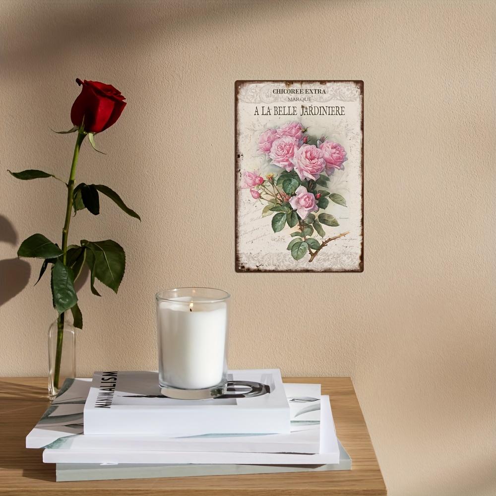 Vintage Rose Metal Tin Sign, Retro Wall Art for Home & Garden Decor, Rustic Pink Roses Design with Green Leaves and Butterflies