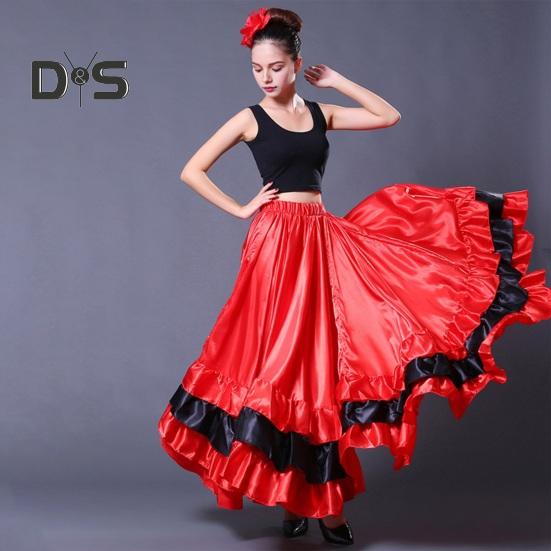 Dámská maxi sukně Elastické prošívání v pase Vrstvená dortová sukně Barva-Blocked Červená Černá 360° oversized sukně Stage Performance Wear