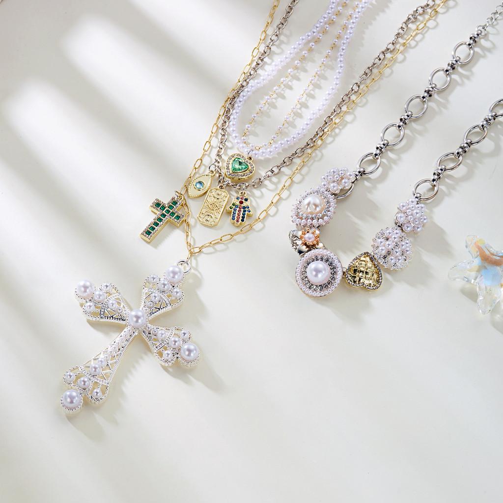 Style Layered Cross Pendant Necklace With Rhinestone Embellishments For Women
