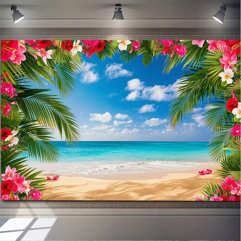 2D Hawaiian Plumeria Beach Backdrop for Tropical Party Photoshoot 47.2x31.5inch/120*80cm