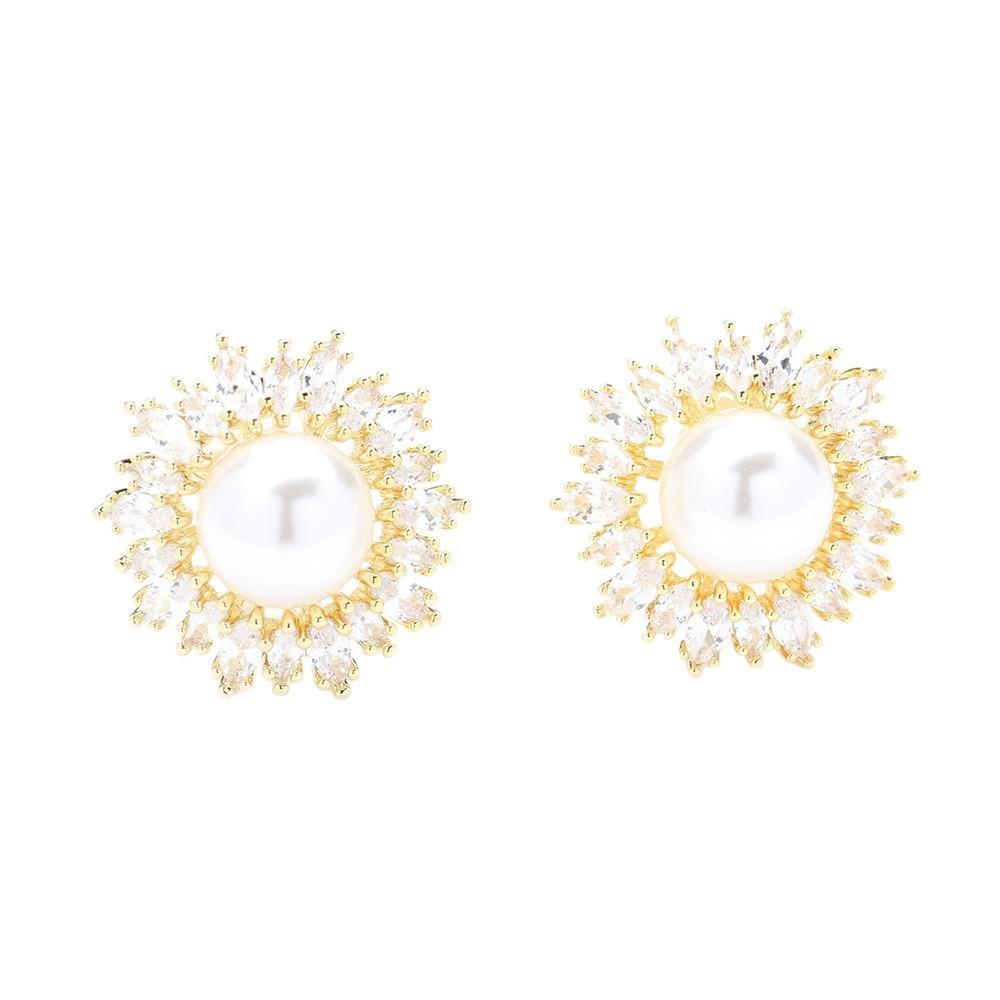 Light luxury high-end micro-inlaid zircon exaggerated pearl earrings gold-plated two-color earring-free earrings earrings and earrings for bridal earr