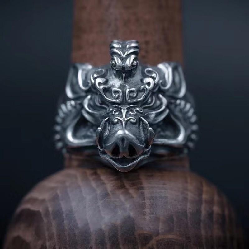 Handmade Vintage Boar Ring Inspired By Tianpeng Marshal Sterling Adjustable Unisex Statement Jewelry