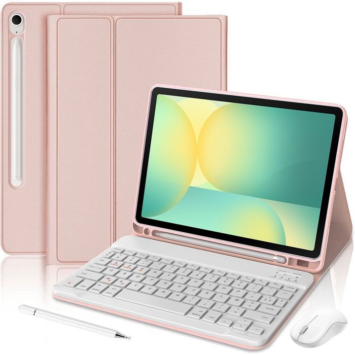 Coque Clavier pour Samsung Galaxy Tab S10 FE / S9 FE - Cuir PU Rose avec Souris, Stylet et Clavier Bluetooth